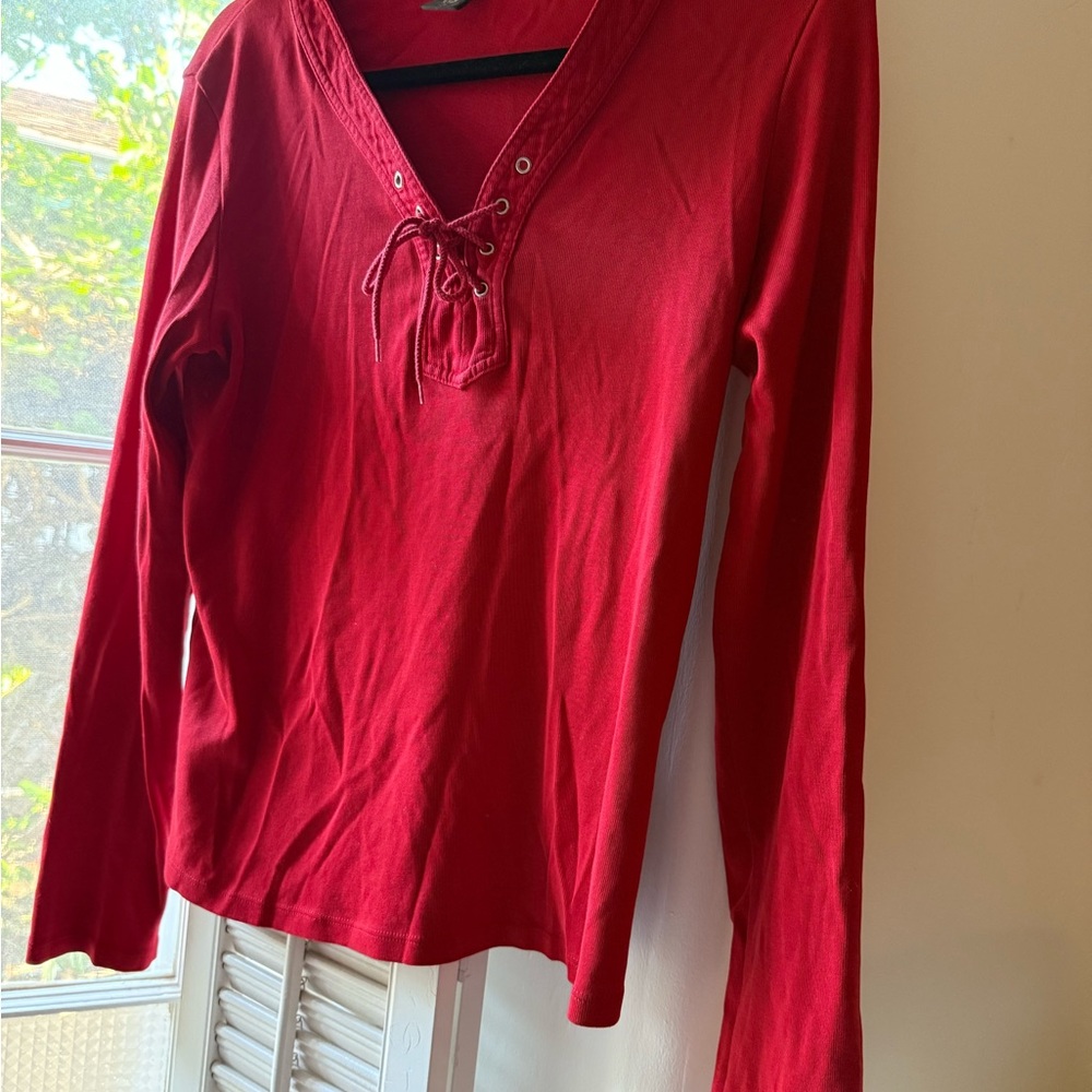 Banana Republic Cotton Red Lace-Up V-Neck Women's Top